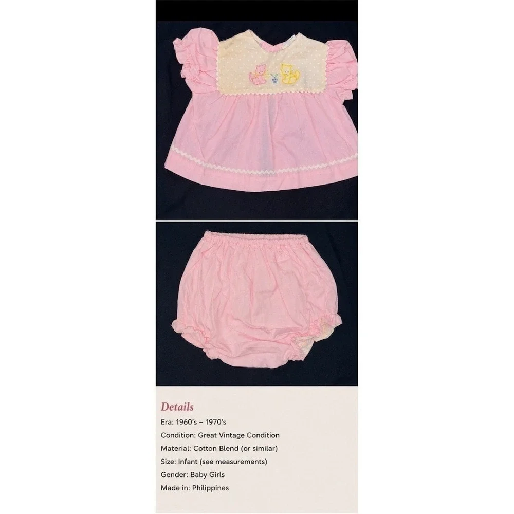 Carriage Boutique Cradle Togs Cats Baby Girls Pink Dress Top‎ Bloomers 60's 70's